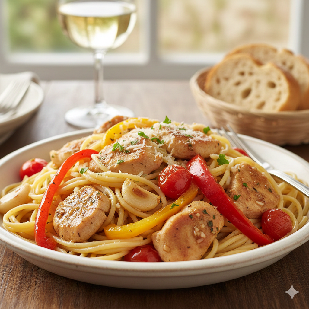 Savory Chicken Scampi with Roasted Peppers & Tomatoes